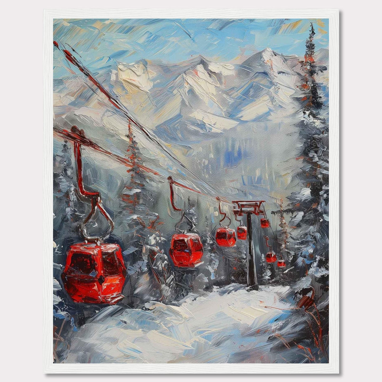 This captivating painting showcases a vibrant winter scene with red cable cars gliding through a snowy mountain landscape.