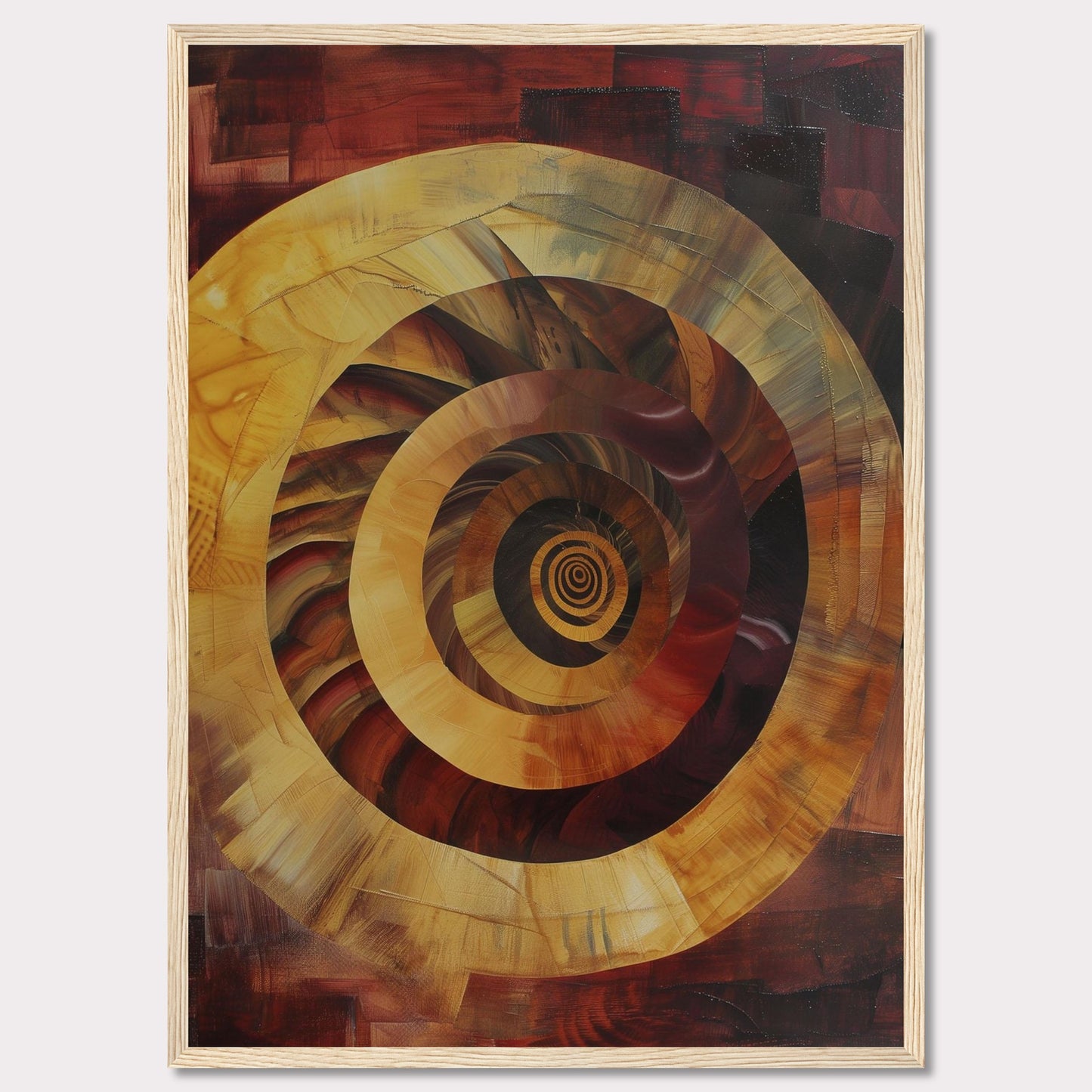 This captivating abstract painting features a mesmerizing spiral design, drawing the viewer into its depths. The artwork is dominated by warm tones of red, orange, and yellow, creating a sense of movement and energy.