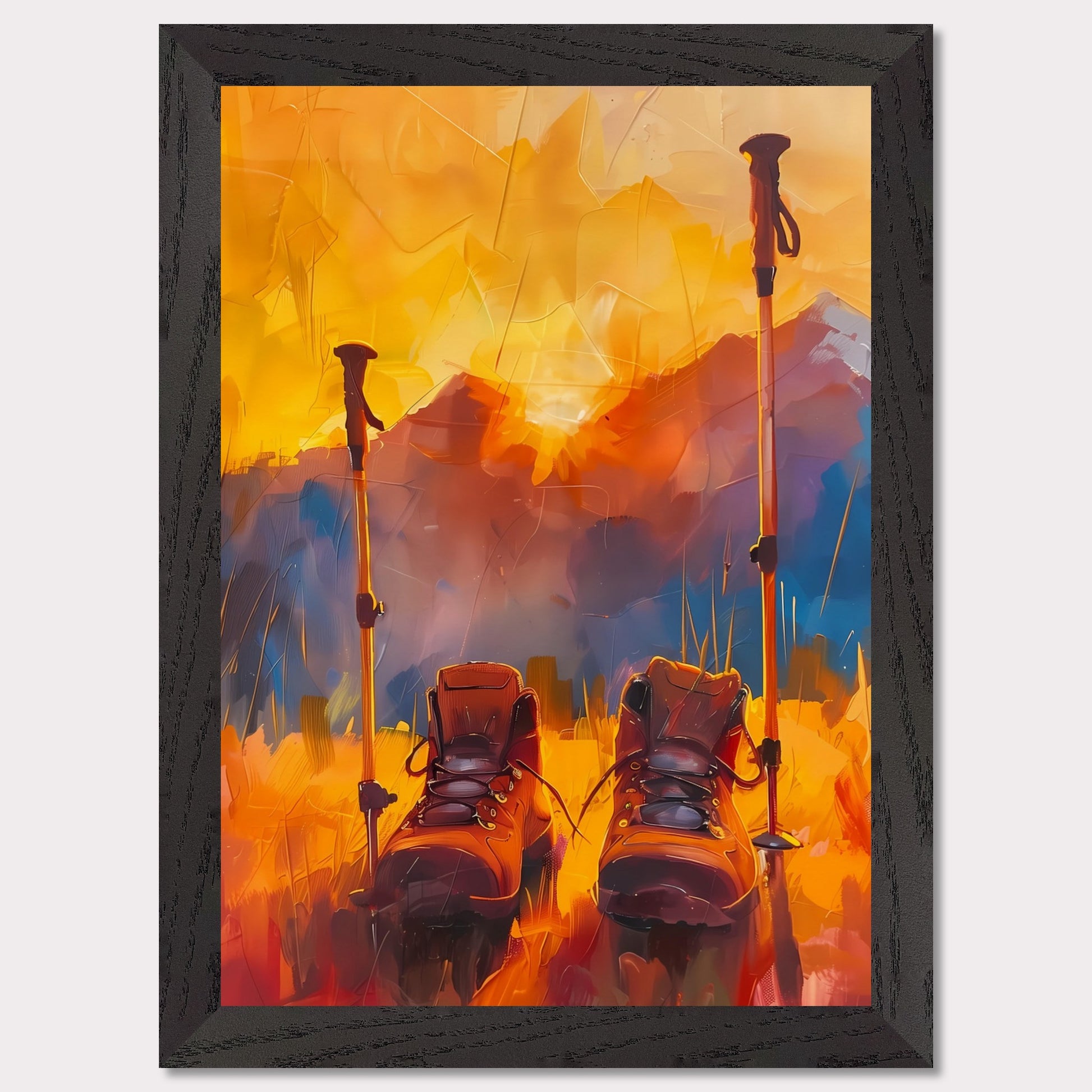 This illustration depicts a pair of hiking boots and trekking poles set against a vibrant, abstract background of mountains and a sunset.