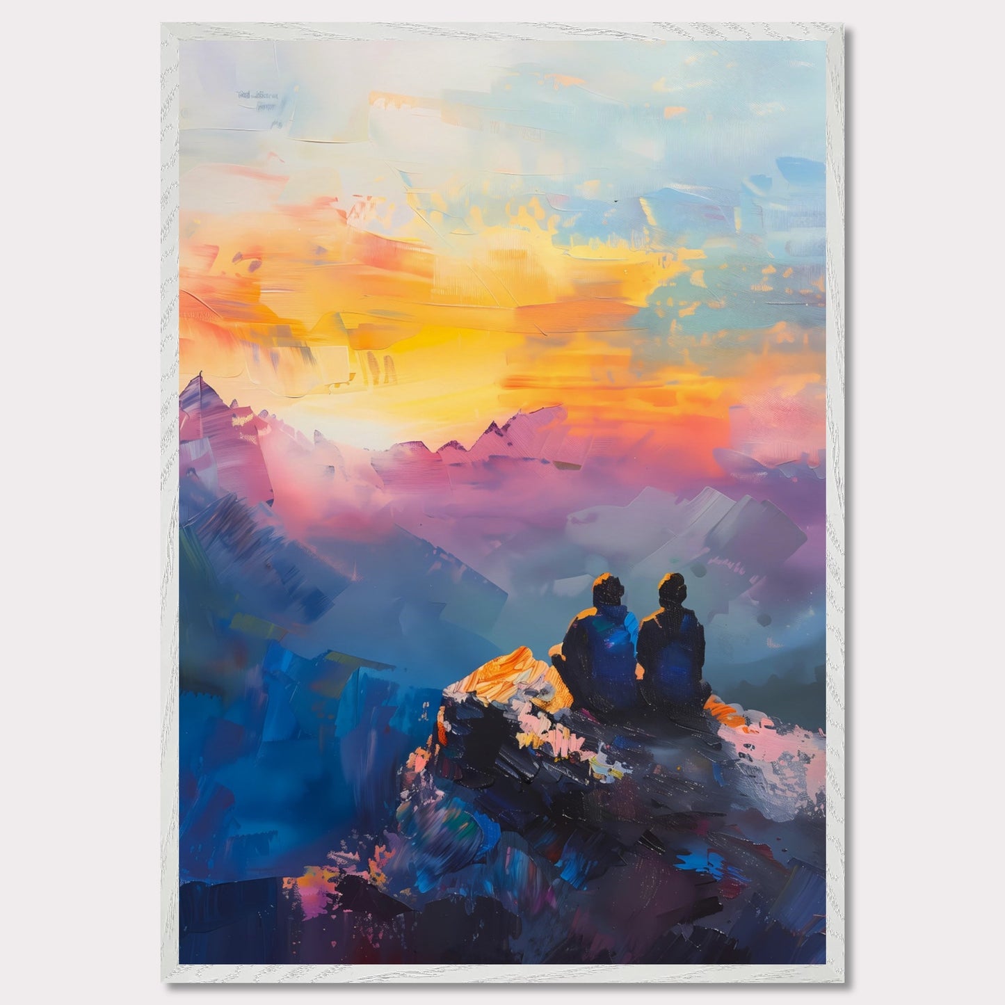 This is an illustration of two people sitting on a rocky cliff, overlooking a vibrant and colorful sunset or sunrise. The sky is painted with warm hues of orange, yellow, and pink, blending into cooler tones of blue and purple.