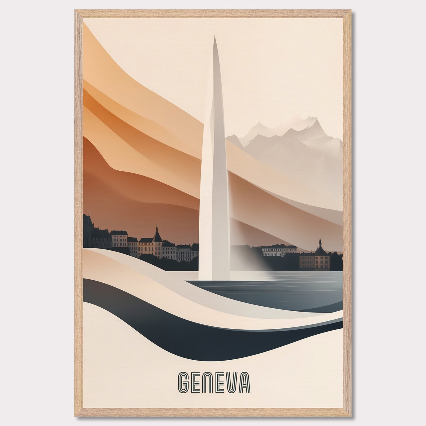 A modern and elegant poster of Geneva’s famous Jet d’Eau fountain, seamlessly blending into the landscape. Smooth curves and warm hues create a sense of fluidity and movement.