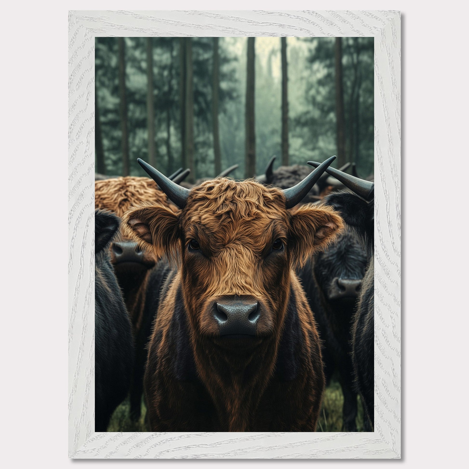 This captivating image features a herd of Highland cattle standing in a misty forest. The central focus is on a brown Highland cow, with its distinctive long horns and shaggy coat, staring directly at the viewer. The background showcases tall trees enveloped in fog, adding a mystical ambiance to the scene.