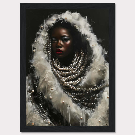 This captivating artwork features a striking portrait of a woman adorned with layers of pearls and white feathers. The dark background accentuates her luminous skin and bold red lips, creating a dramatic contrast. The intricate details of the pearls and feathers add a sense of luxury and elegance to the piece.