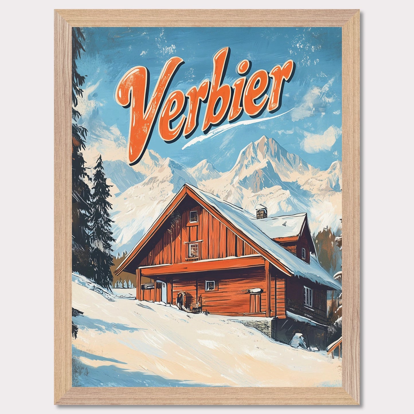 This vintage-inspired poster features a charming wooden chalet nestled against the stunning mountains of Verbier. The warm tones of the cabin contrast beautifully with the snowy landscape and towering peaks, creating a welcoming, serene winter scene. The retro design with bold typography invites viewers to imagine a peaceful retreat in the heart of the Swiss Alps, where adventure and comfort come together.