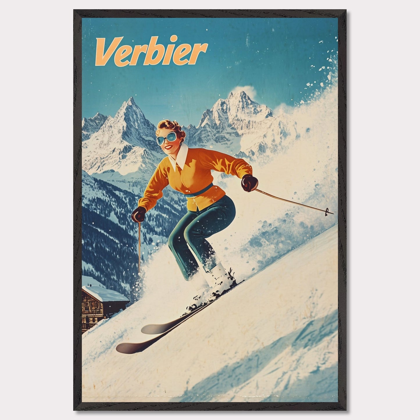 This vibrant retro poster captures the thrilling energy of skiing in Verbier, featuring a skier in a bright orange jacket racing down the slopes. The bright, clear sky contrasts beautifully with the snow-covered terrain and rugged mountain backdrop. The skier’s joyful expression, paired with the iconic Verbier mountains, evokes the excitement and adventure of alpine skiing. The vintage art style adds a timeless touch, bringing out the spirit of winter sports.