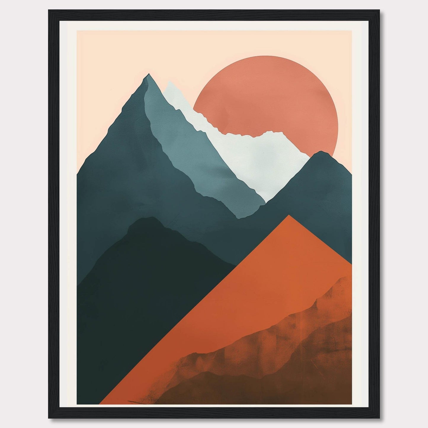 This is a modern, abstract art print featuring a mountain landscape with a large sun setting in the background. The artwork uses bold, contrasting colors to create a striking visual impact.