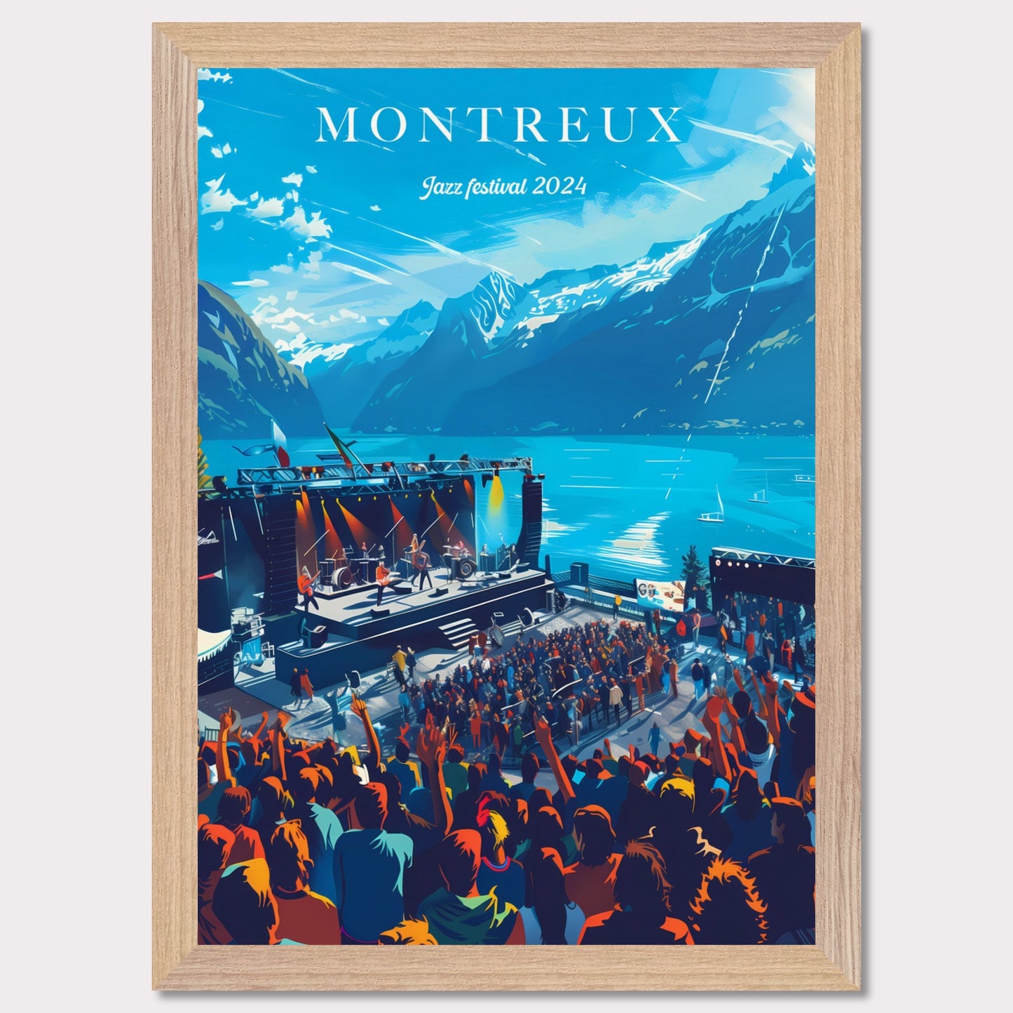 This vibrant poster showcases the Montreux Jazz Festival 2024, set against the stunning backdrop of Lake Geneva and the Swiss Alps. The image features a lively crowd enjoying a performance on an outdoor stage, with musicians playing under a clear blue sky.