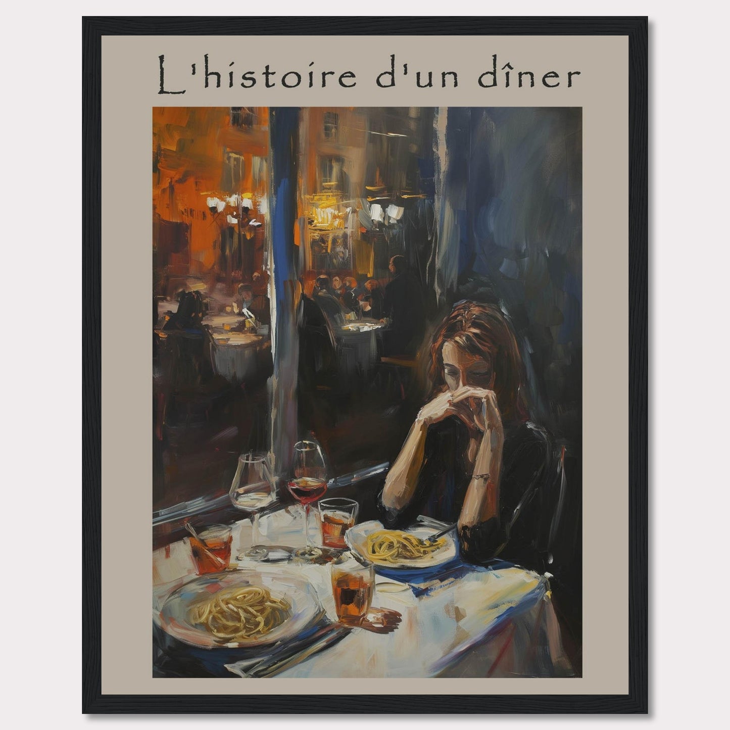 This painting, titled "L'histoire d'un dîner," depicts a solitary woman deep in thought at a dinner table. The scene is set in a warmly lit restaurant, with other diners visible in the background. The table is elegantly set with plates of pasta and glasses of wine, creating an intimate and reflective atmosphere.