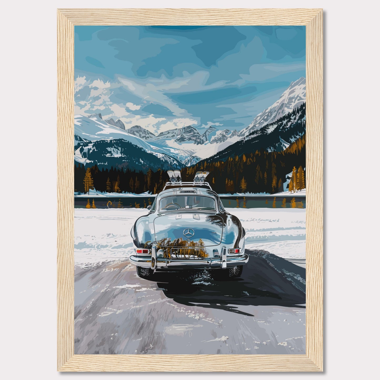 This artwork features a classic car parked on a snowy road with breathtaking snow-capped mountains and a serene lake in the background.