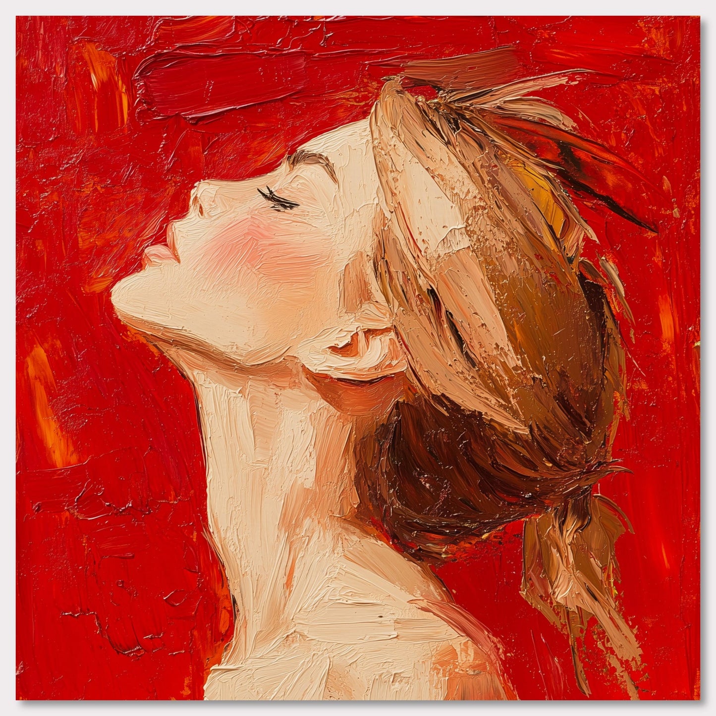 This is an illustration of a woman with her head tilted back and eyes closed, set against a vibrant red background. The artwork is characterized by thick, textured brushstrokes that give it a dynamic and expressive quality.