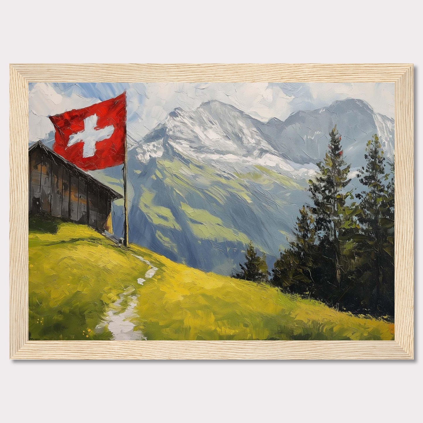 This stunning painting captures the serene beauty of a Swiss alpine landscape. A quaint wooden cabin is perched on a lush green hillside, with a vibrant Swiss flag fluttering proudly beside it. Majestic snow-capped mountains rise in the background, contrasting beautifully with the verdant foreground. Tall evergreen trees add depth and texture to the scene.