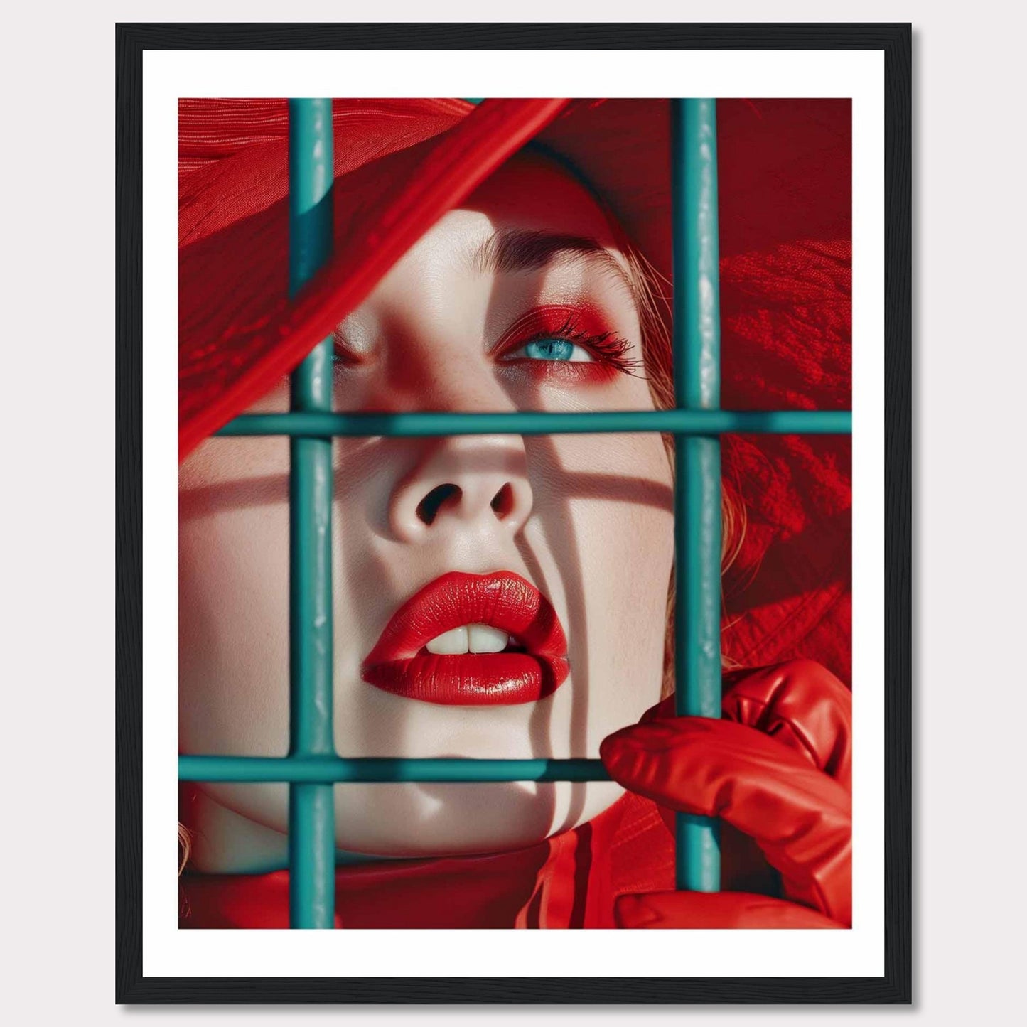 This striking portrait captures a close-up of a woman's face, emphasizing her vibrant red lips and eye makeup. She is framed behind teal bars, adding a sense of intrigue and contrast to the image. The vivid red hat and gloves complement her makeup, creating a bold and captivating visual. This artwork evokes a sense of mystery and allure.