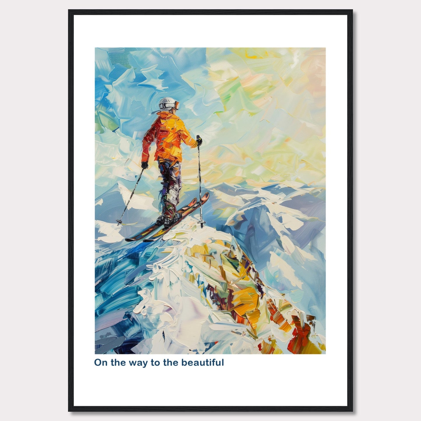 This vibrant painting captures a skier standing at the peak of a snowy mountain, ready to descend. The skier is dressed in an orange jacket and helmet, holding ski poles. The background features a stunning array of colors depicting the sky and distant mountains.