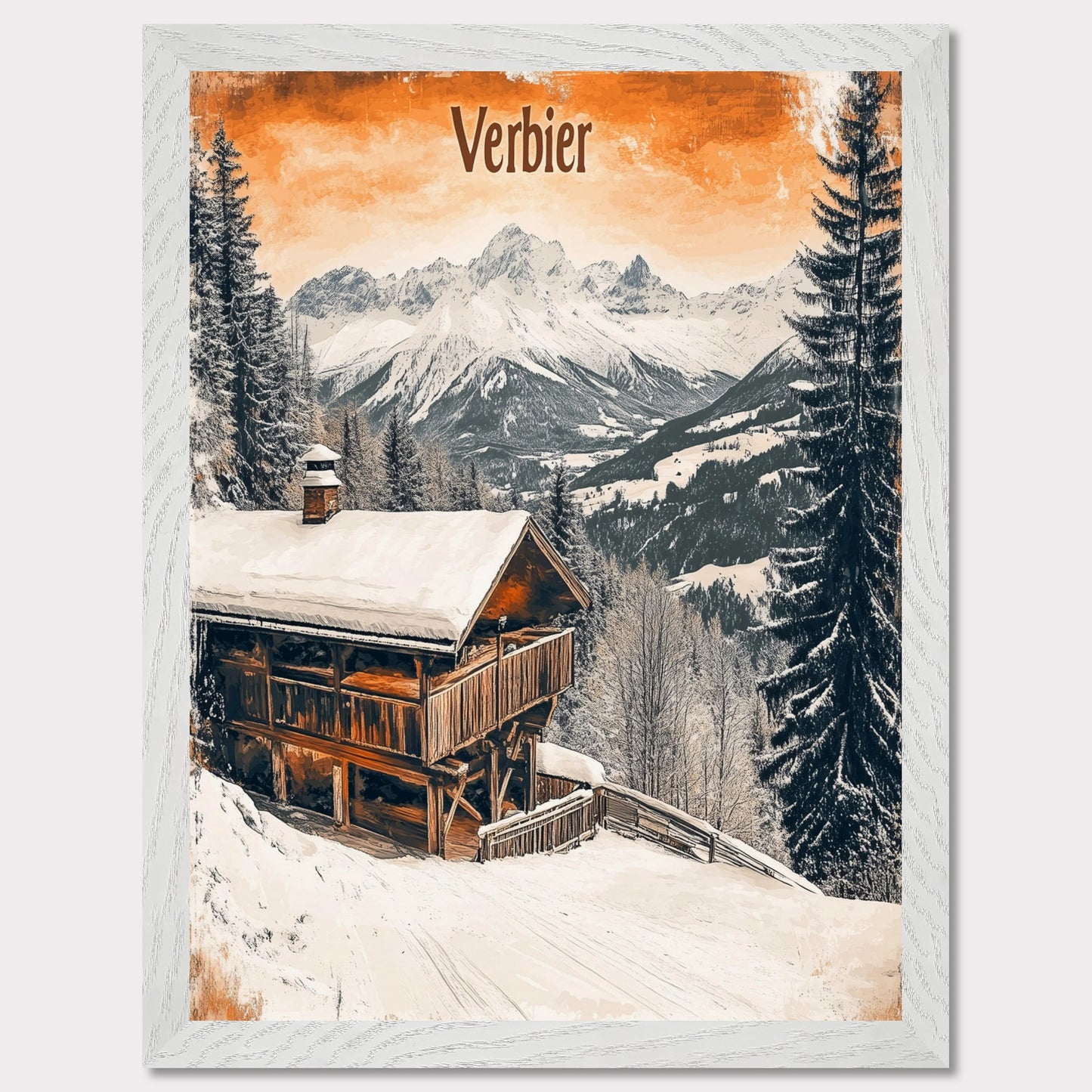 This charming retro-style poster showcases a cozy wooden cabin nestled in the snowy mountains of Verbier. The cabin, with its warm and rustic exterior, contrasts beautifully against the crisp white snow and towering, snow-capped peaks in the distance. The soft, vintage tones in the sky and the peaceful surroundings evoke a sense of tranquility and the perfect winter getaway. The gentle snowfall and warm cabin lights enhance the nostalgic feeling of a quiet retreat in the Alps.