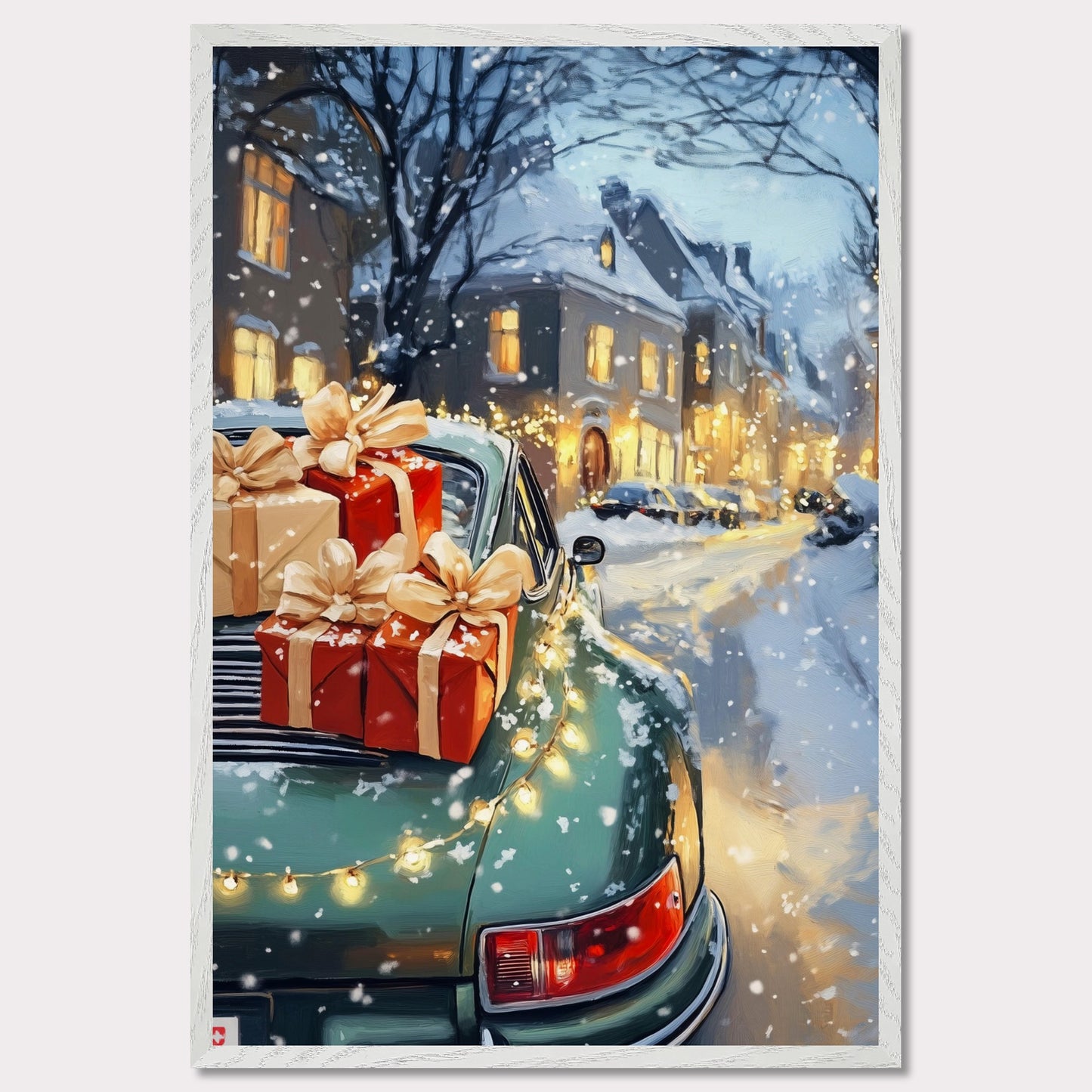 A cozy Christmas scene in Switzerland is captured in this enchanting poster. The focus is a beautiful Christmas tree adorned with lights, set in the heart of a charming town covered in snow. A Porsche, with festive gifts on the roof, adds a touch of luxury to this idyllic winter setting. The vintage typography "Christmas in Switzerland" evokes a sense of nostalgia and warmth, making it the perfect holiday decoration.