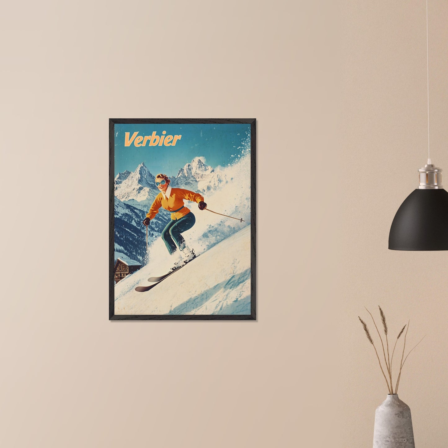 This vibrant retro poster captures the thrilling energy of skiing in Verbier, featuring a skier in a bright orange jacket racing down the slopes. The bright, clear sky contrasts beautifully with the snow-covered terrain and rugged mountain backdrop. The skier’s joyful expression, paired with the iconic Verbier mountains, evokes the excitement and adventure of alpine skiing. The vintage art style adds a timeless touch, bringing out the spirit of winter sports.