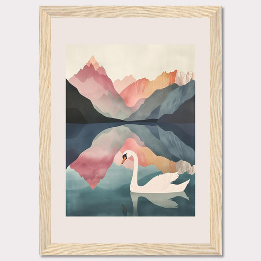 This captivating artwork features a serene swan gliding across a tranquil lake, surrounded by majestic mountains in pastel hues. The reflection of the mountains and the swan in the calm water adds a mesmerizing symmetry to the scene. The soft, muted colors evoke a sense of peace and tranquility.