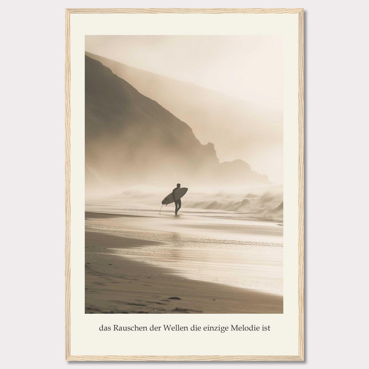 This captivating photograph captures a lone surfer walking along a misty beach, surfboard in hand, with towering cliffs in the background.