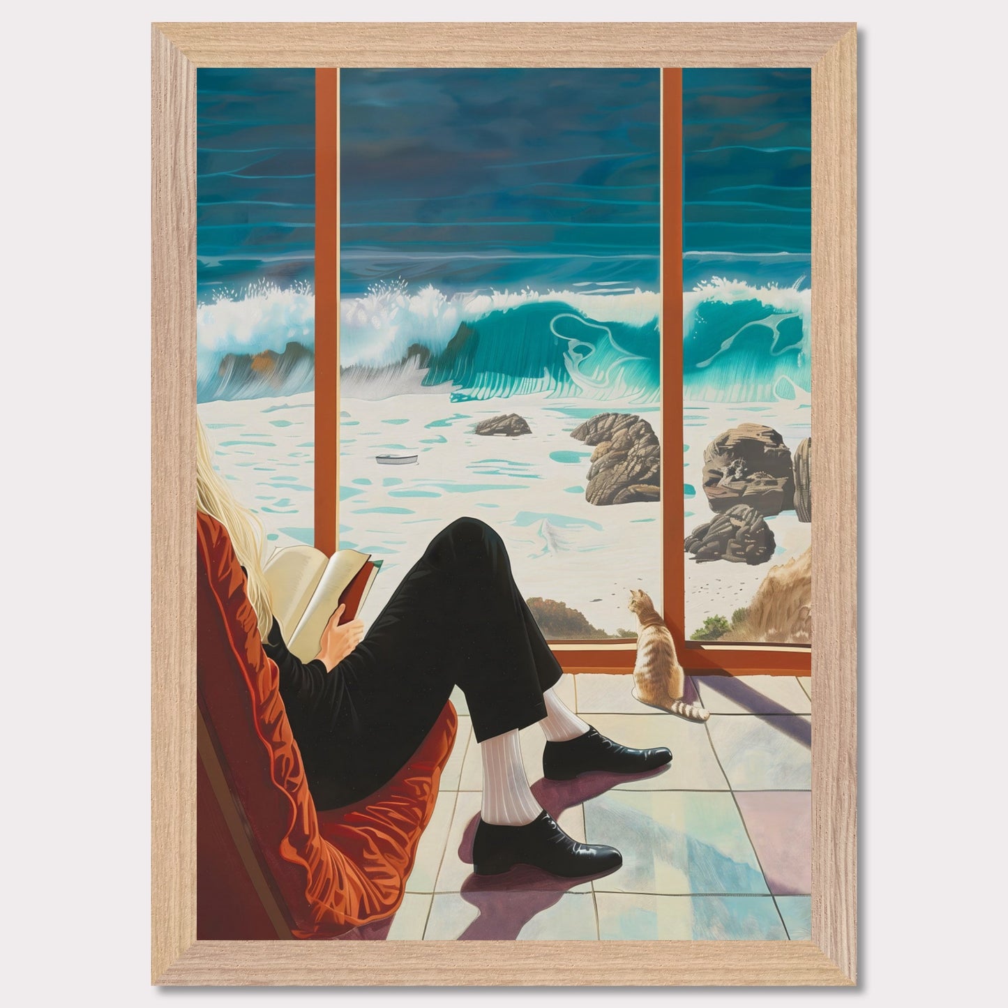 This captivating artwork depicts a serene scene where a person is sitting comfortably by a large window, reading a book. Outside, the ocean waves crash against the rocky shore, creating a mesmerizing view. A cat sits by the window, also gazing at the beautiful seascape.