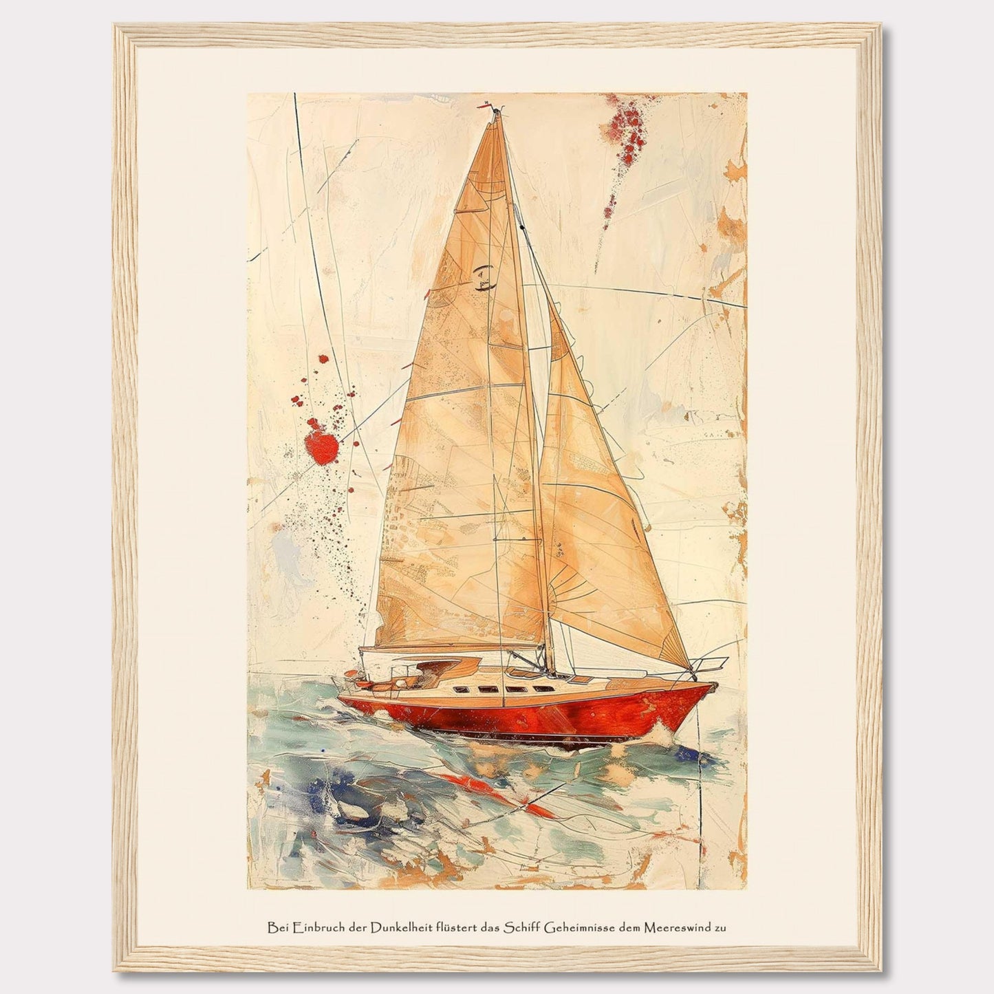 This artwork depicts a stunning sailboat navigating through the ocean with its sails fully unfurled. The painting features a vibrant red boat set against a dynamic background of abstract lines and splashes of color, giving a sense of movement and adventure. The text at the bottom reads: "Bei Einbruch der Dunkelheit flüstert das Schiff Geheimnisse dem Meereswind zu," which translates to "At dusk, the ship whispers secrets to the sea breeze."