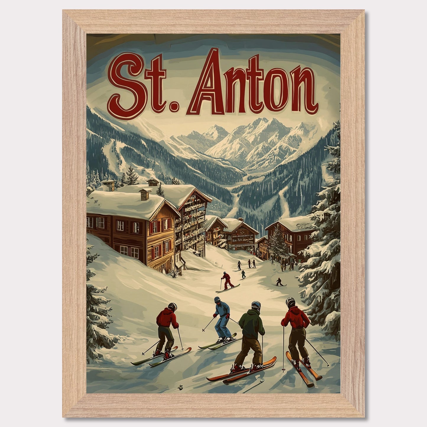 This stunning vintage-inspired poster depicts the idyllic town of St. Anton nestled beneath towering snow-capped peaks. The ski slopes are alive with activity, with skiers descending toward the charming wooden chalets. The warm hues in the sky add a sense of tranquility to the winter landscape, while the retro typography and art style transport the viewer to a time when winter holidays in the Alps were the height of elegance and adventure.