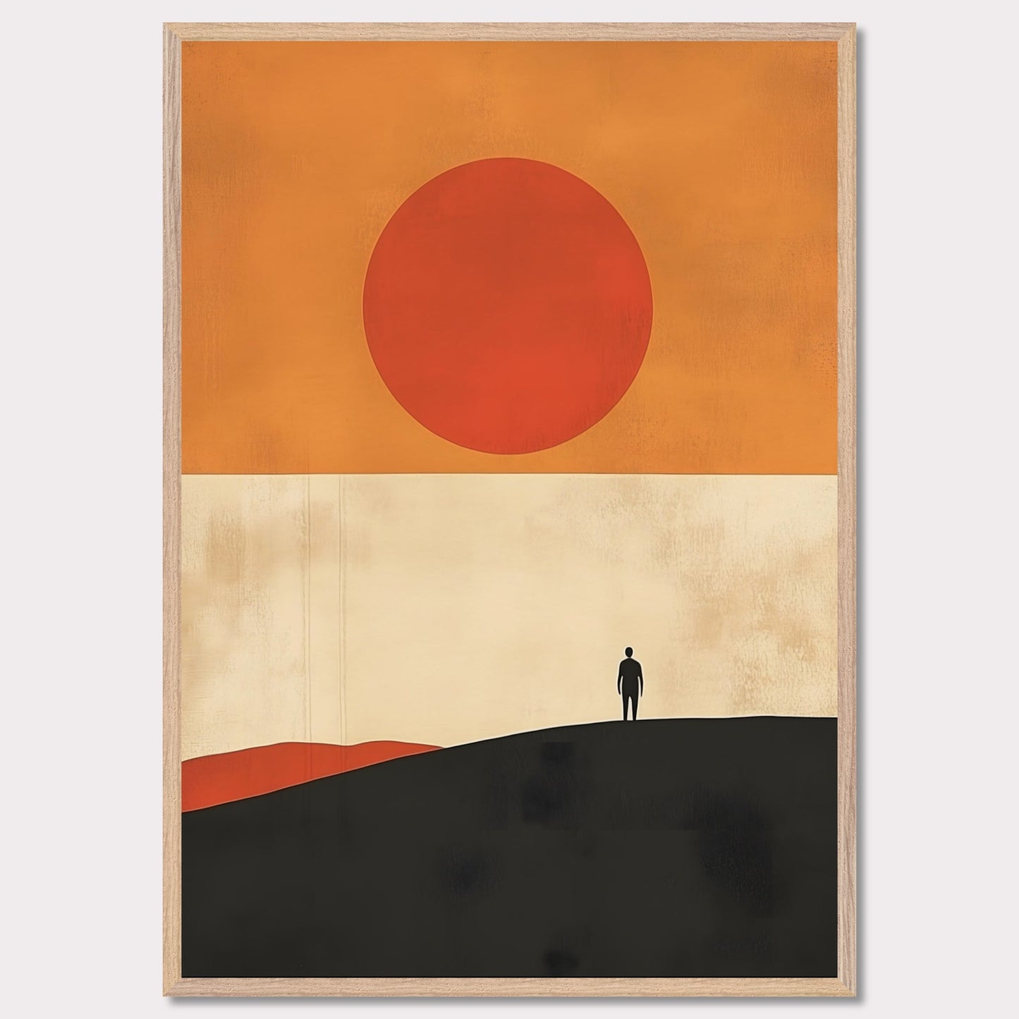 A striking minimalist artwork that conveys a sense of isolation and reflection. A lone figure stands on a hill under an oversized sun, evoking themes of wanderlust, contemplation, and the vastness of the world. The warm tones and simple composition give it a timeless, meditative feel.