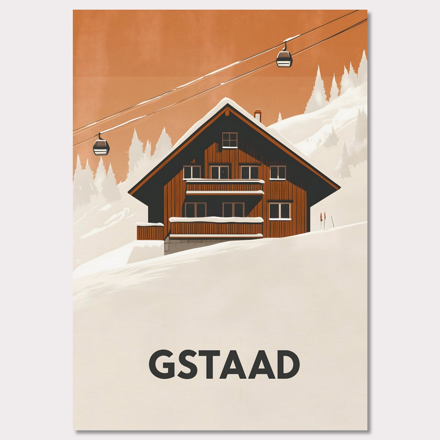 A warm, inviting scene of a traditional Swiss chalet surrounded by snowy slopes. A cable car ascends into the distance, emphasizing the region’s skiing culture and cozy mountain retreat.