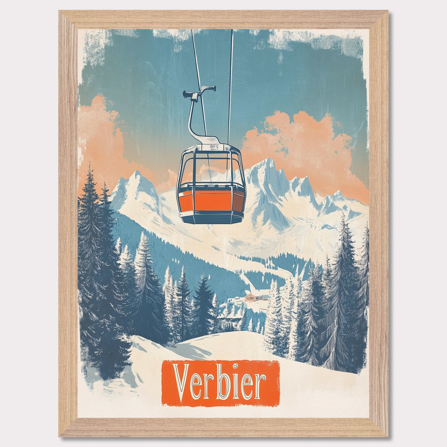 This picturesque retro-inspired poster showcases a vibrant orange gondola gracefully ascending the snowy mountainside of Verbier. The tranquil beauty of the landscape is captured with soft pastel tones in the sky, complemented by the rugged peaks in the distance. The modern gondola stands in contrast to the pristine, snow-covered trees, evoking a sense of peaceful adventure and the journey to the mountain’s summit. The vintage art style enhances the nostalgic vibe of alpine exploration.