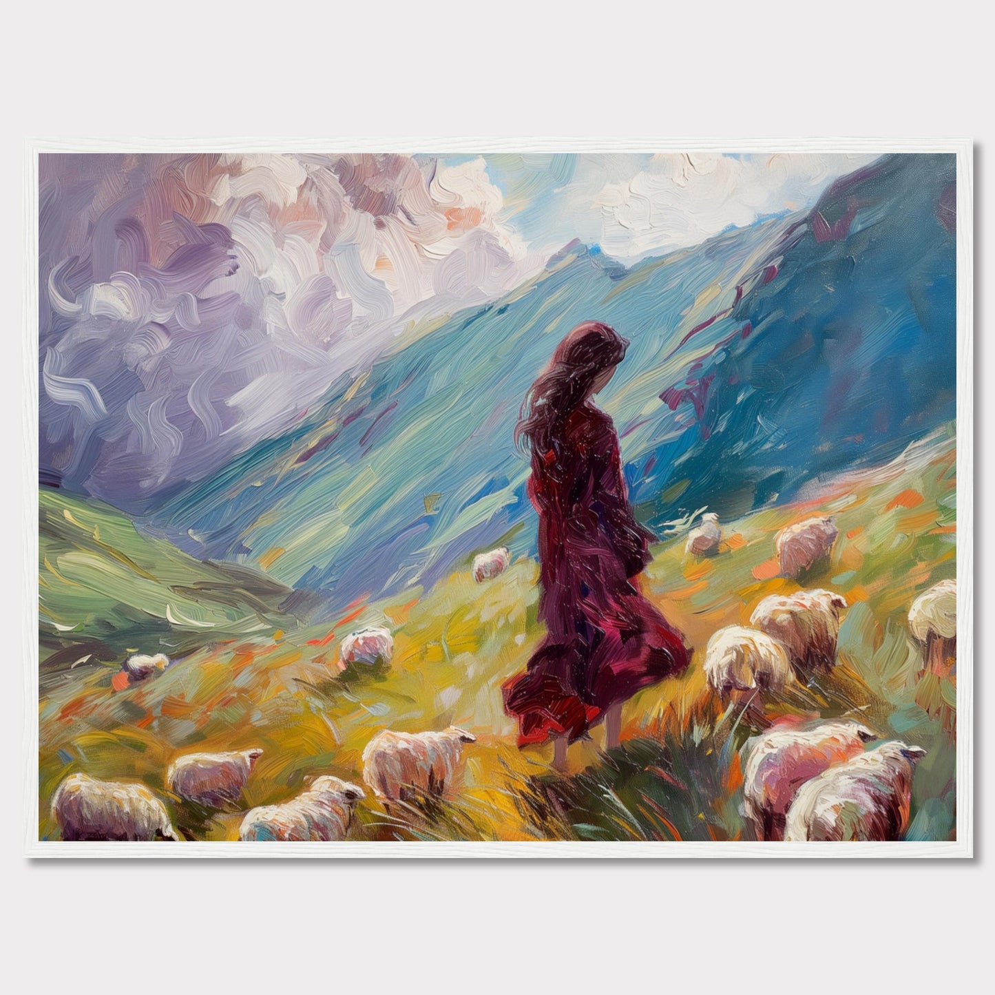 This captivating painting portrays a serene pastoral scene where a woman in a flowing red dress stands amidst a flock of sheep on a vibrant, rolling hillside. The background features dramatic, swirling clouds and lush green mountains, creating a sense of tranquility and connection with nature.