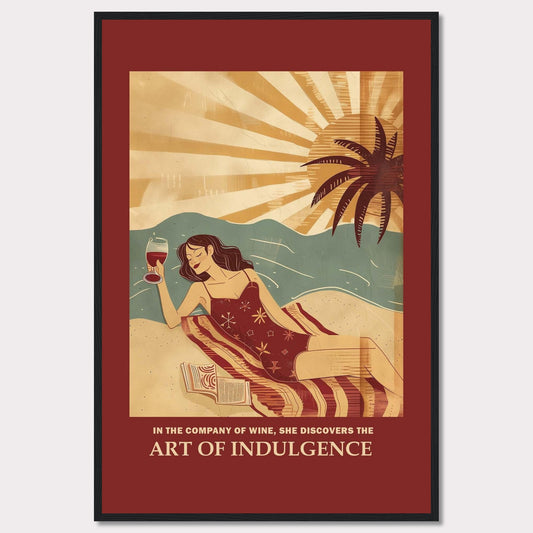 This vibrant poster features a woman relaxing on a beach with a glass of wine. The sun is setting behind a palm tree, casting warm rays over the scene. She is lying on a striped blanket with an open book beside her, embodying a moment of pure relaxation and indulgence.