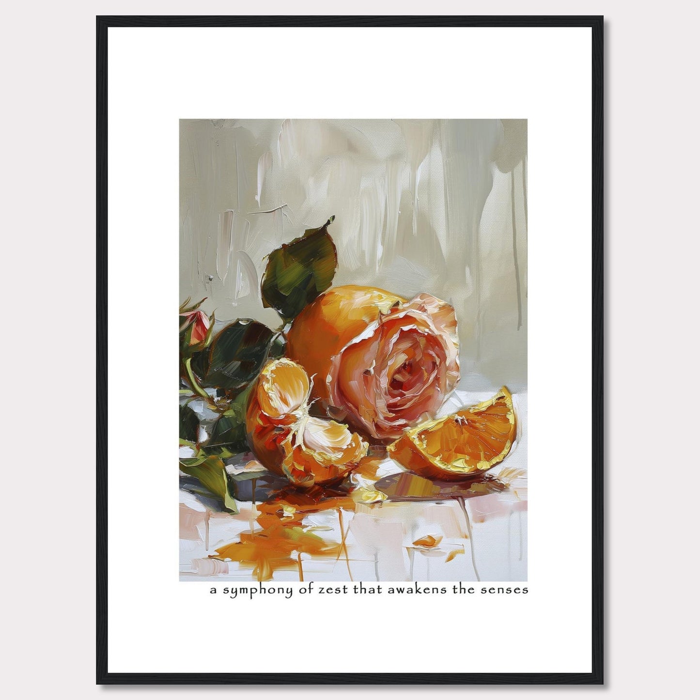 This captivating painting features a delicate rose intertwined with vibrant orange segments, creating a stunning contrast of colors and textures. The brushstrokes evoke a sense of freshness and vitality, making it a perfect piece to invigorate any space.