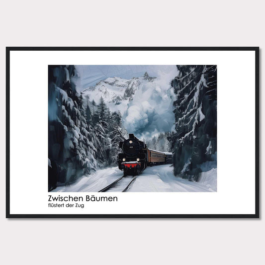 This captivating image depicts a steam train chugging through a snowy forest, with towering pine trees on either side and majestic snow-covered mountains in the background. The scene is serene and picturesque, capturing the essence of winter wonderland.