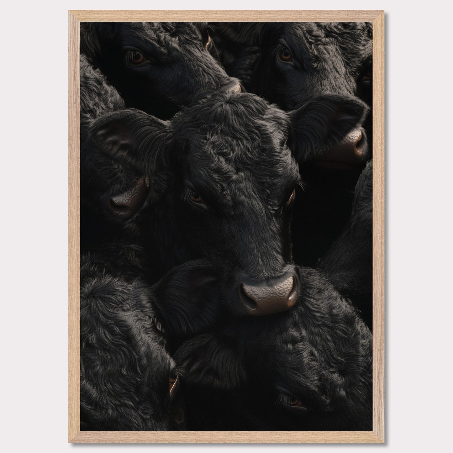 This captivating artwork features a close-up view of several black cows, their faces and textures intricately detailed. The image exudes a sense of unity and calmness among the animals.