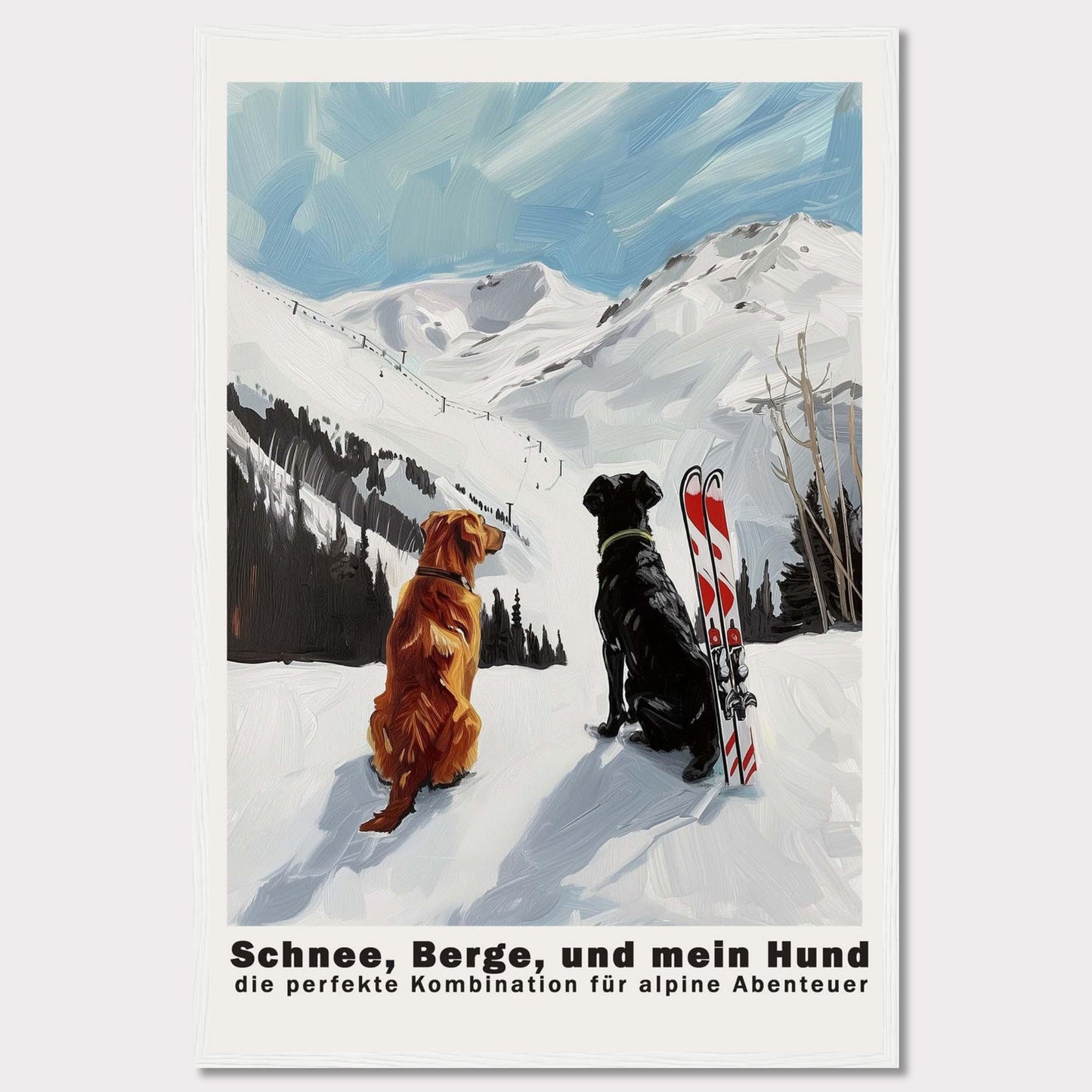 This image depicts two dogs sitting in the snow, gazing at a snowy mountain landscape. Next to them is a pair of skis, suggesting an alpine adventure. The sky is clear with a few clouds, adding to the serene and adventurous atmosphere.