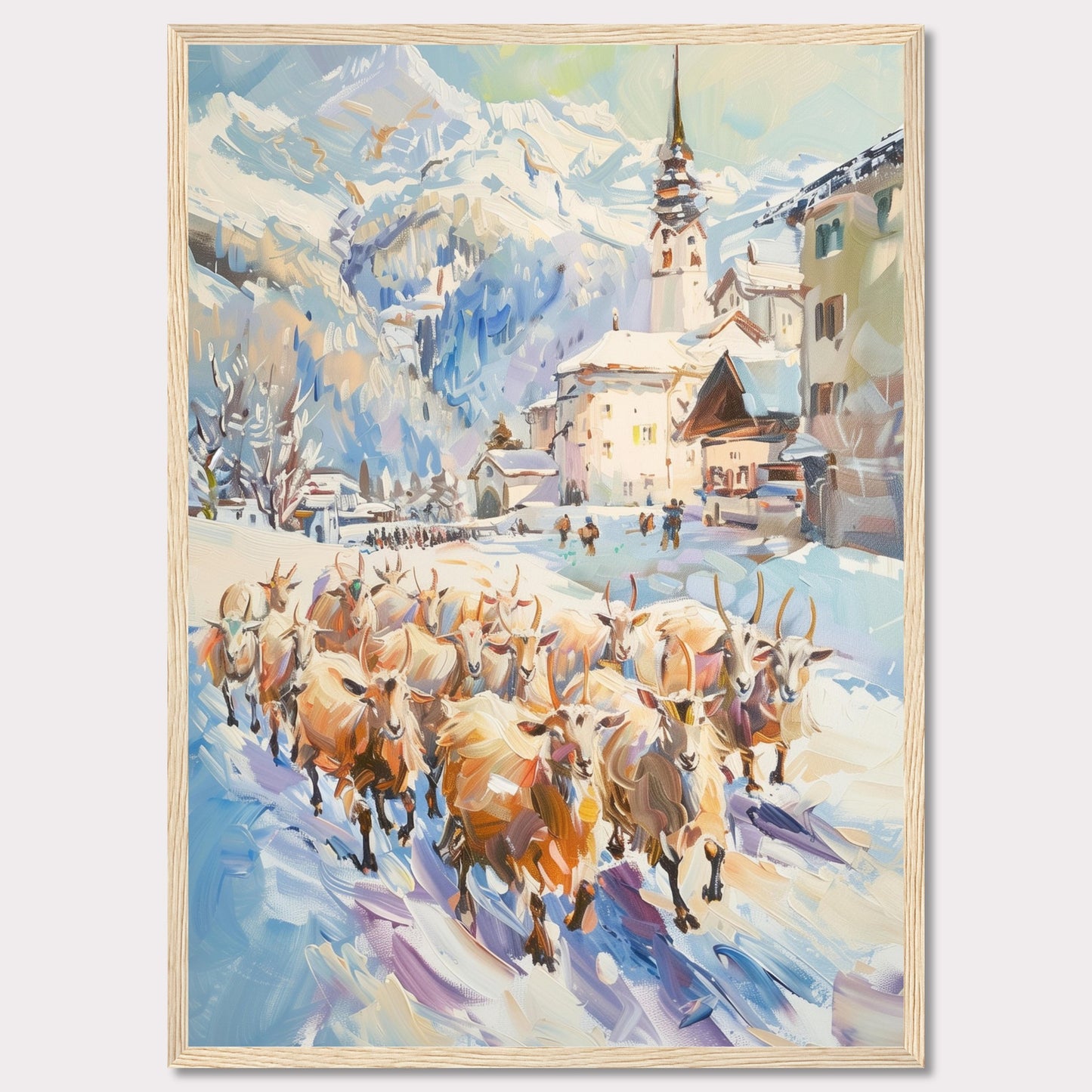 This captivating painting depicts a serene winter village scene with a herd of sheep being guided through the snow-covered streets. The backdrop features majestic snow-capped mountains and charming alpine architecture, including a prominent church steeple.