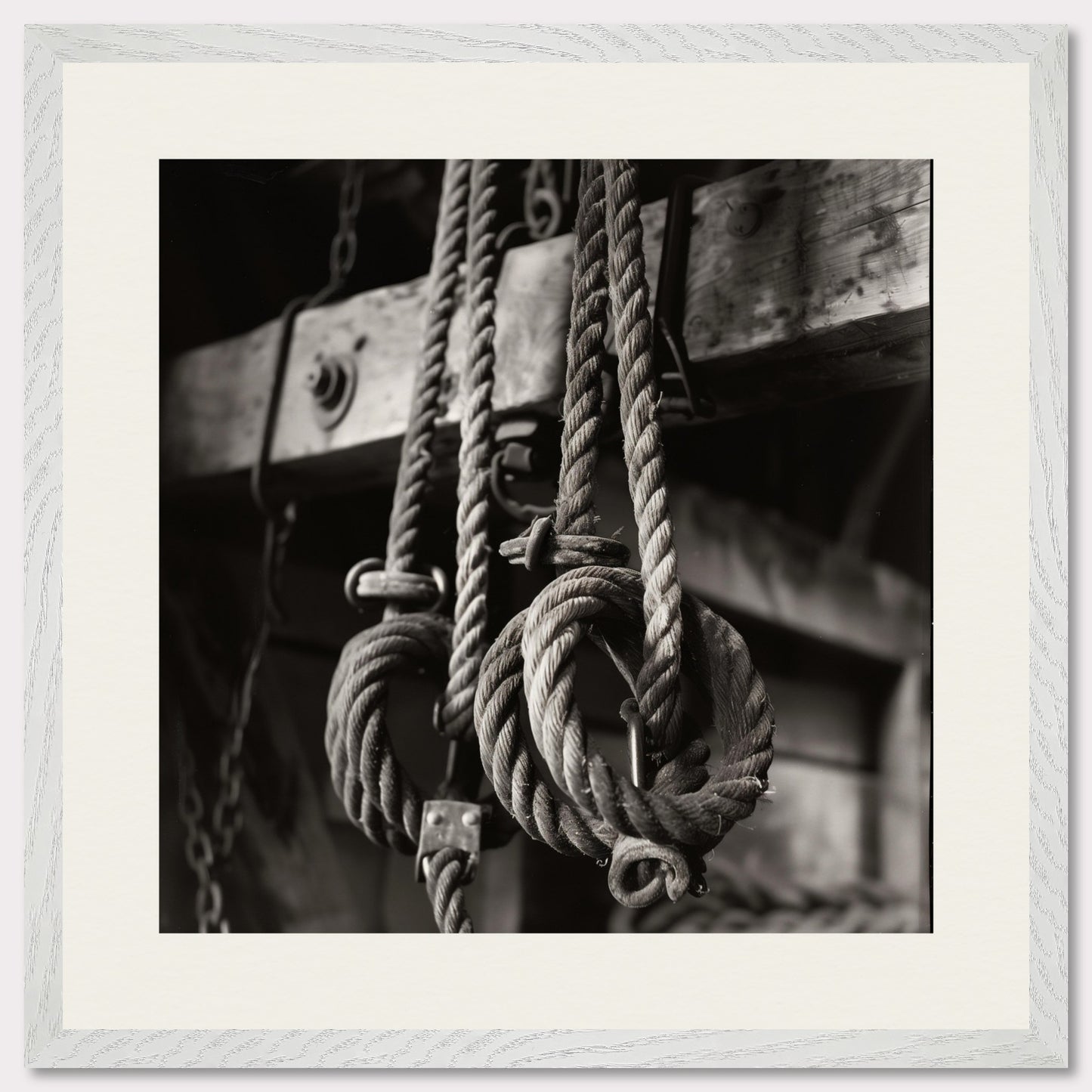 This black and white illustration depicts a close-up view of coiled ropes hanging from wooden beams, evoking a rustic or nautical theme.