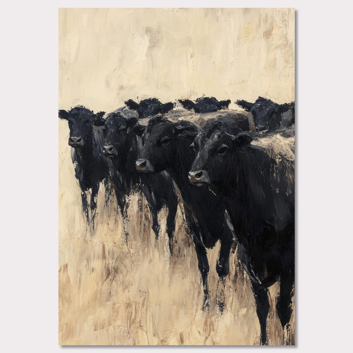 This captivating painting depicts a group of black cows standing together, evoking a sense of unity and strength. The textured brushstrokes and neutral background create a striking contrast, highlighting the animals' dark forms.