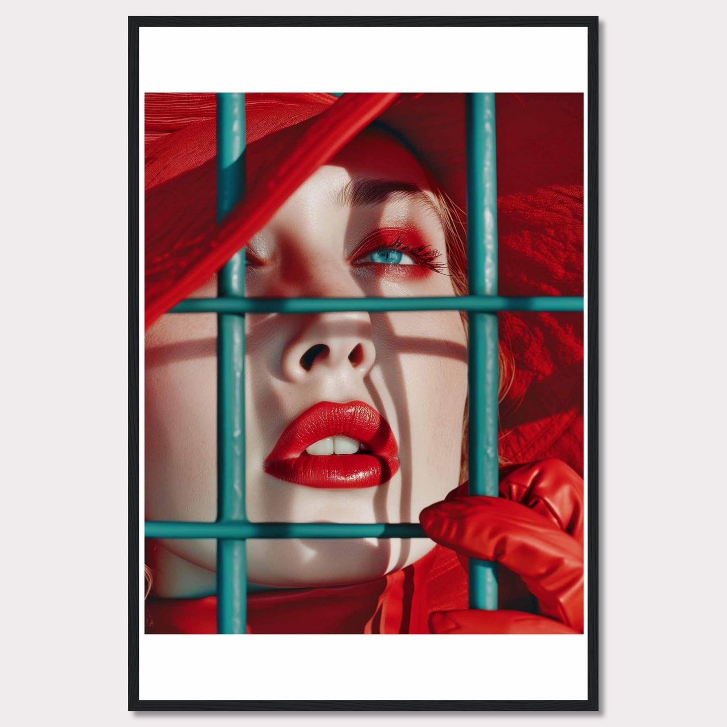 This striking portrait captures a close-up of a woman's face, emphasizing her vibrant red lips and eye makeup. She is framed behind teal bars, adding a sense of intrigue and contrast to the image. The vivid red hat and gloves complement her makeup, creating a bold and captivating visual. This artwork evokes a sense of mystery and allure.