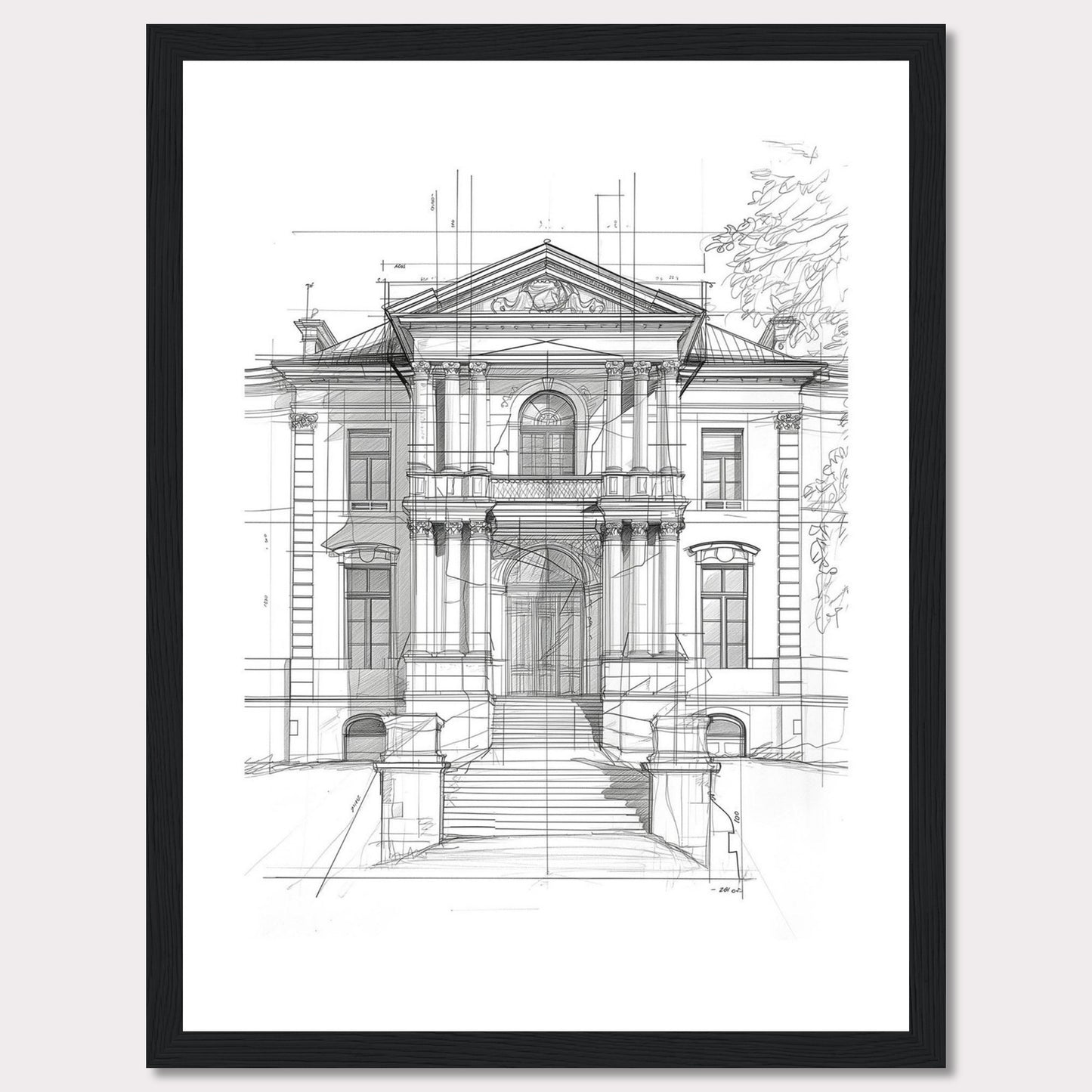 This image showcases an architectural sketch of a grand, classical building. The detailed drawing highlights the intricate design and majestic structure of the edifice.