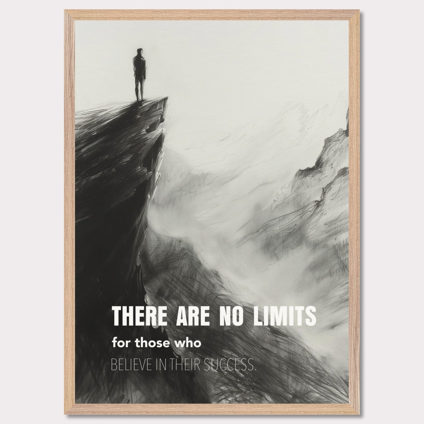 This image depicts a person standing at the edge of a cliff, looking out over a vast, foggy landscape. The scene is rendered in black and white, giving it a dramatic and contemplative feel. The text on the image reads: "There are no limits for those who believe in their success."