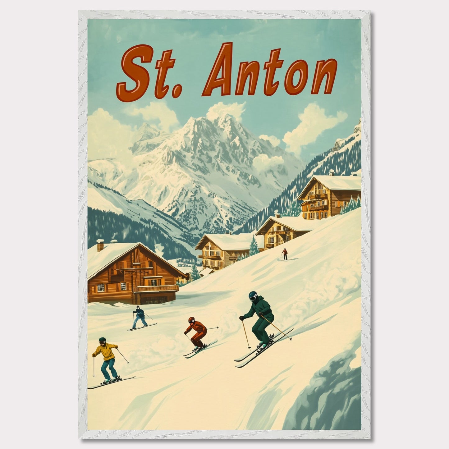 This vibrant retro-style poster captures the thrilling energy of skiing in St. Anton. The scene depicts skiers carving down the slopes, with picturesque alpine chalets nestled in the snow-covered hills and the majestic mountains towering in the background. The warm tones of the sky and the clean, crisp snow evoke the exhilarating experience of a winter sports haven. The bold retro typography adds a touch of nostalgia, perfectly highlighting the charm and adventure of St. Anton.