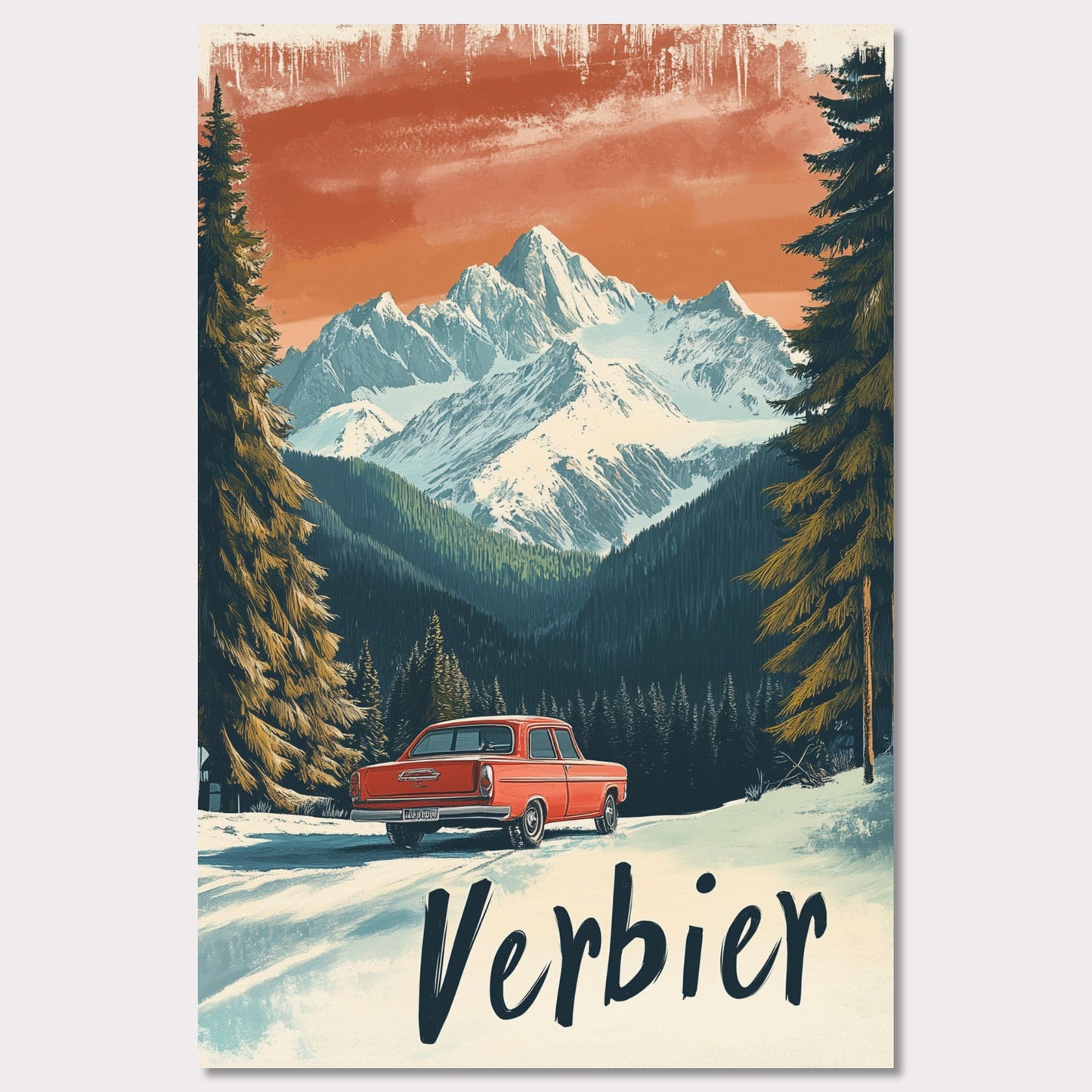 This striking retro-style poster depicts a vintage car driving through a snowy mountain landscape in Verbier. The red car stands out against the backdrop of majestic, snow-covered peaks and towering trees, with the warm orange hues of the sky adding to the nostalgic vibe. The vintage typography and artistic style evoke the allure of road trips through the Swiss Alps, offering a sense of freedom and adventure in a winter wonderland.