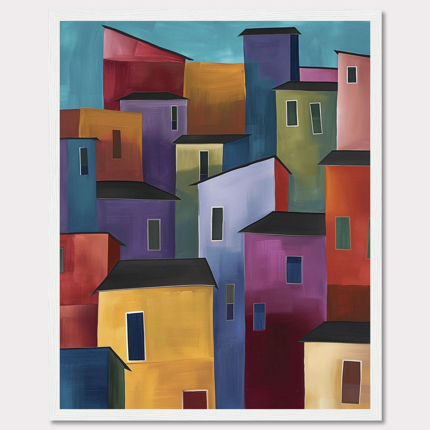 This vibrant painting features a colorful array of abstract buildings, each with unique hues and shapes, set against a serene blue sky. The bold use of colors and geometric forms creates a lively and dynamic cityscape.