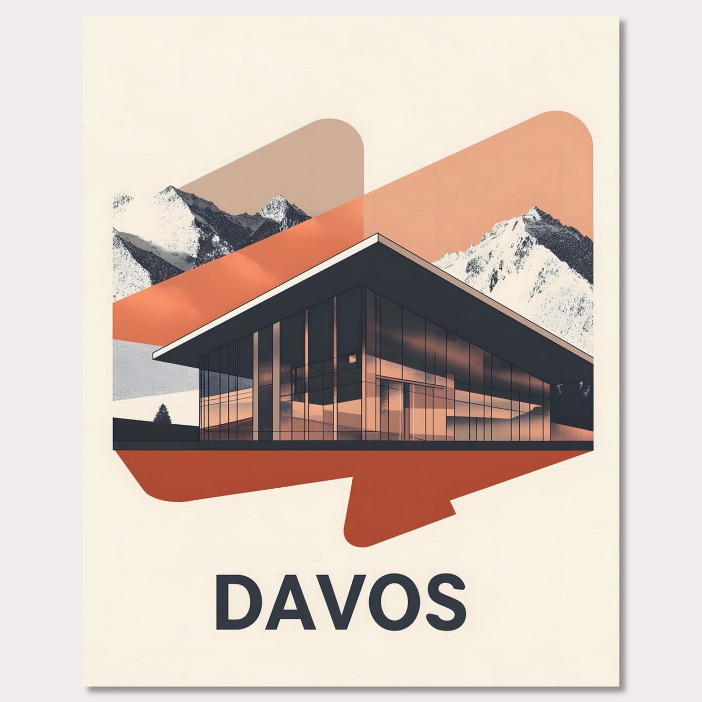 A sleek, modern representation of Davos, featuring a glass-fronted building set against towering alpine mountains. The minimalist color palette and subtle lighting effects give the scene a futuristic yet inviting feel.