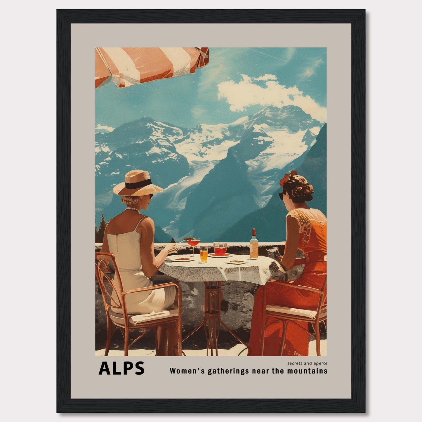 A beautiful vintage-style poster depicting two women enjoying a drink at a table with a stunning view of the Alps mountains in the background.