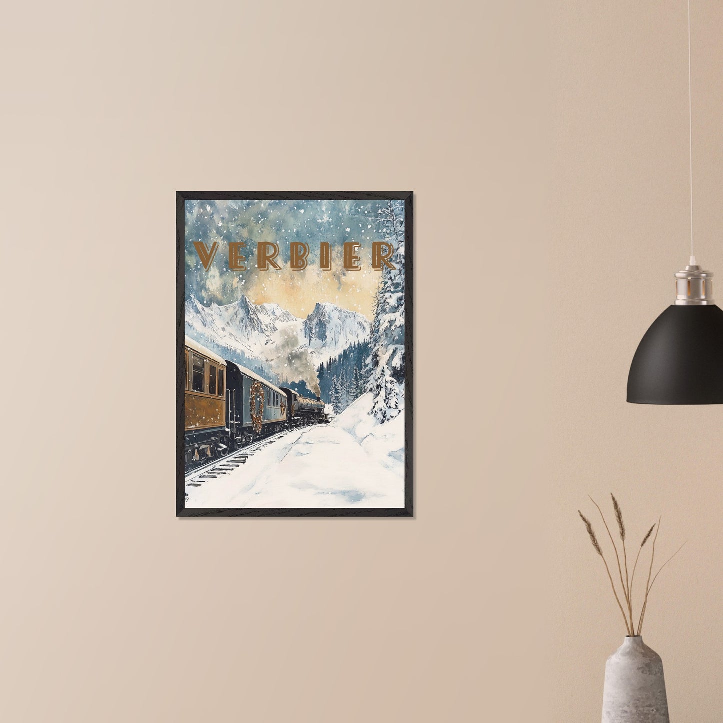 This enchanting winter poster showcases a vintage steam train winding through the snow-covered landscapes of Verbier. The train, adorned with festive wreaths, travels against a backdrop of majestic alpine peaks, tall evergreen trees, and a serene winter sky with softly falling snowflakes. The golden light filtering through the clouds adds a warm, nostalgic glow to the scene, evoking the magic of winter travel.