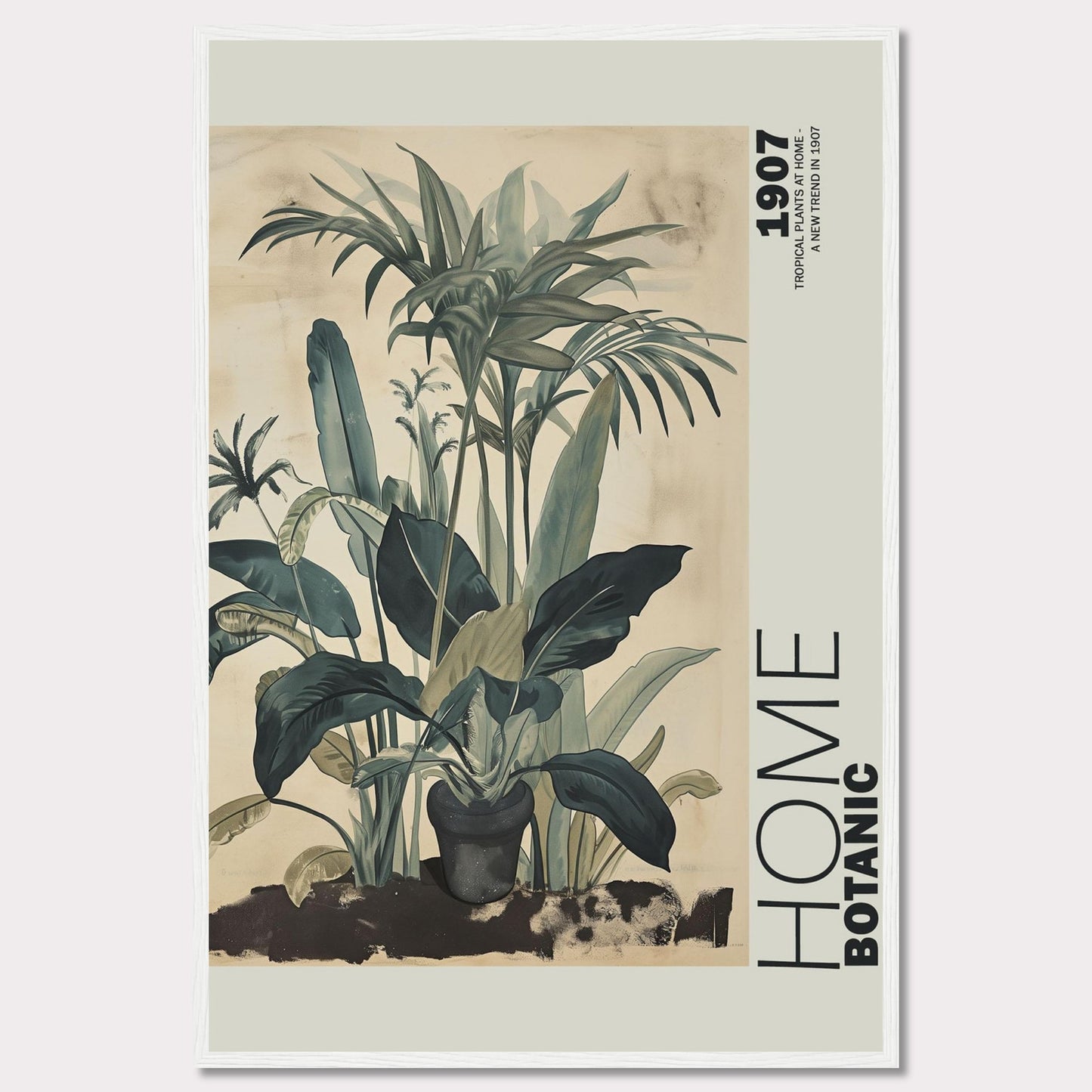 This image features a beautifully framed botanical art print showcasing lush tropical plants. The artwork has a vintage feel with muted green tones and intricate leaf details, giving it a timeless aesthetic. The text "HOME BOTANIC" and "1907" adds a touch of classic elegance to the piece.