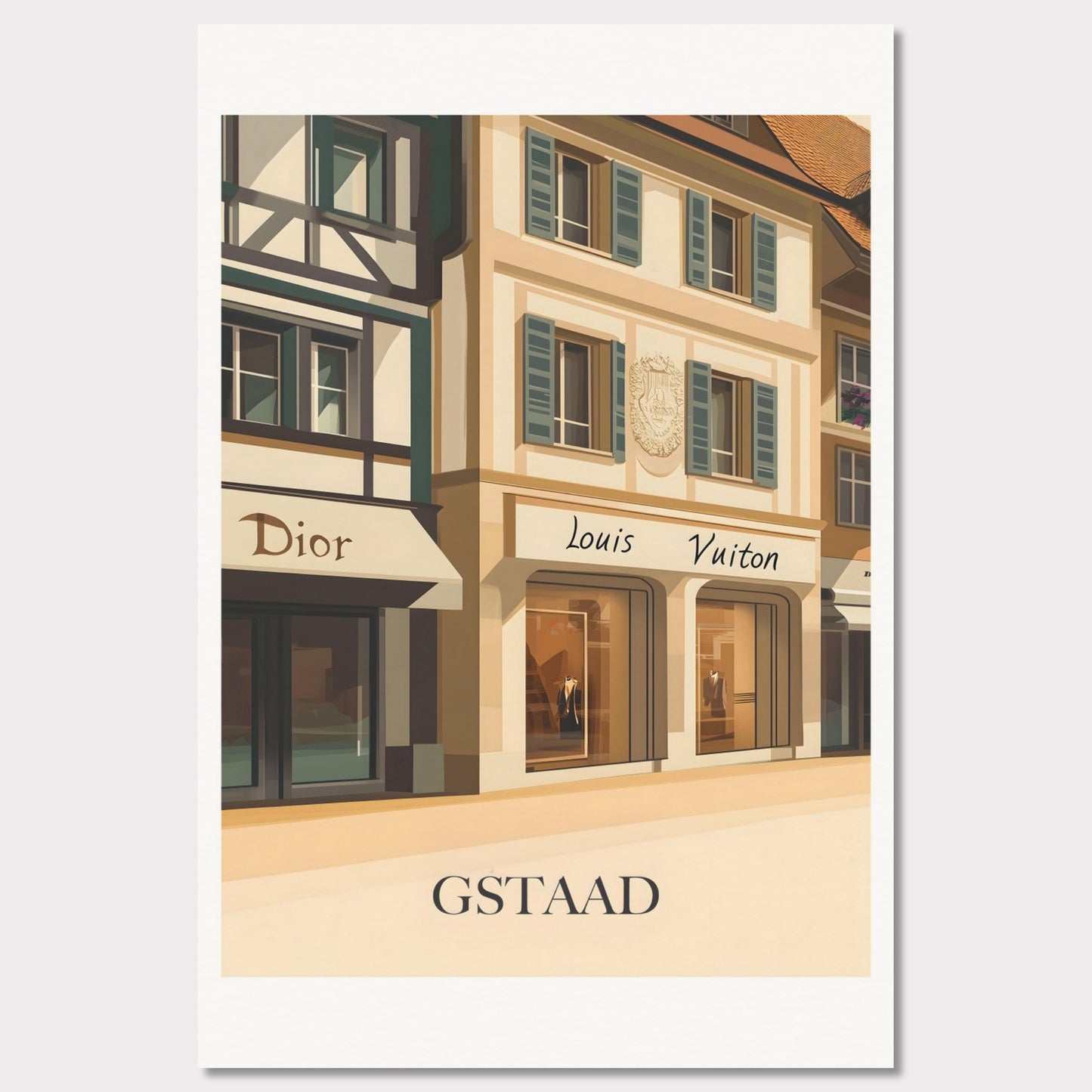 A beautifully illustrated poster showcasing Gstaad’s world-class shopping scene. The charming facades of Dior and Louis Vuitton boutiques reflect the town’s upscale ambiance.