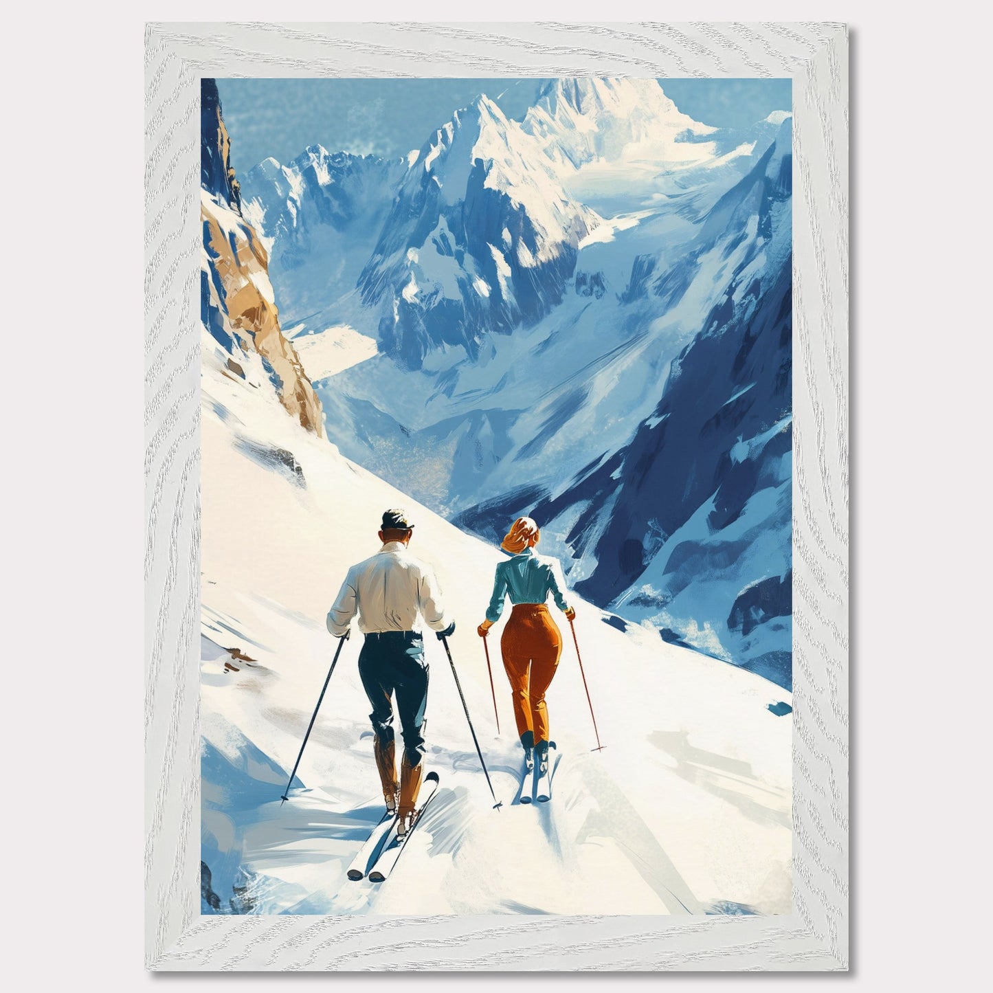 This retro poster captures the elegance and adventure of alpine skiing in Switzerland, circa 1960. Two fashionable skiers glide down the pristine snow with majestic mountains towering in the background. The vibrant colors of their outfits contrast beautifully against the white landscape, while the bold lettering emphasizes the stylish allure of alpine sports.