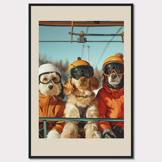 This charming photo features three adorable dogs dressed in winter gear, complete with helmets and goggles, enjoying a ride on a ski lift. The bright blue sky and snowy background add to the fun and adventurous atmosphere.